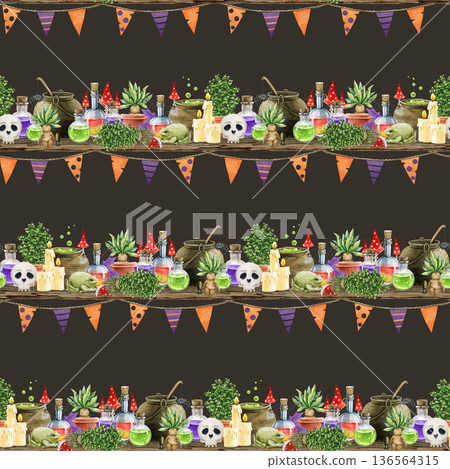 Witchcraft ingredients halloween mood seamless pattern decor. Watercolor vintage style illustration. Hand drawn witch cauldron, potion bottles, scull, herbs, candles, mandrake on dark background Witchcraft ingredients halloween mood seamless pattern decor. Watercolor vintage style illustration. Hand drawn witch cauldron, potion bottles, scull, herbs, candles, mandrake on dark background 136564315