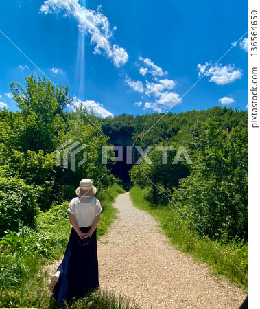 Back view of a woman walking along a green path under the blue sky of early summer Back view of a woman walking along a green path under the blue sky of early summer 136564650