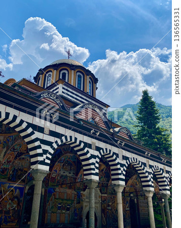 Beautiful cloisters and murals of the Rila Monastery in Bulgaria, a World Heritage Site 136565331