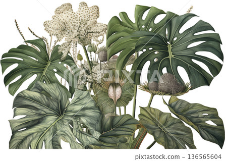 Abstract and minimalist botanical illustration of tropical plant leaf 136565604