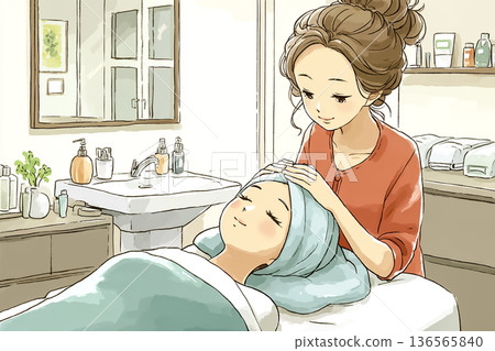 一位女士正在美容院接受頭部水療護理。美容師的細緻呵護。美容服務圖片。 136565840