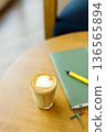 Cup of coffee latte art on wood table. 136565894