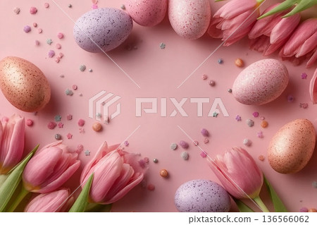 Pink tulips and decorative eggs scattered on a pastel pink background creating a festive and elegant scene perfect for spring and Easter celebrations Pink tulips and decorative eggs scattered on a pastel pink background creating a festive and elegant scene perfect for spring and Easter celebrations 136566062