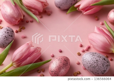 Pink tulips and decorative eggs scattered on a pastel pink background creating a festive and elegant scene perfect for spring and Easter celebrations 136566064