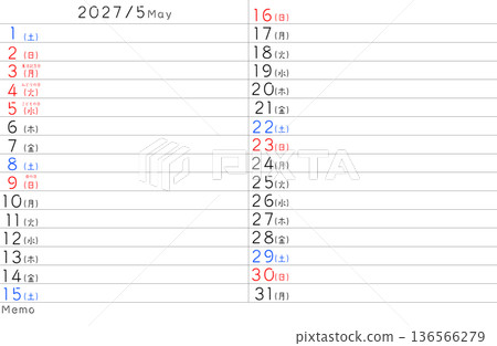 2027 Simple Calendar May Day of the Week Japanese 136566279