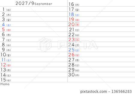 2027年簡易日曆九月星期（日文） 136566283