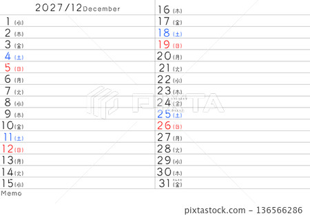 2027年簡易日曆十二月星期(日文) 2027年簡易日曆十二月星期(日文) 136566286