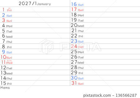 2027 Simple Calendar January Day of the Week English 2027 Simple Calendar January Day of the Week English 136566287