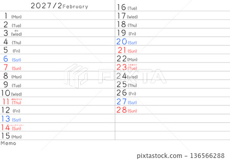 2027 Simple Calendar February Day of the Week English 136566288