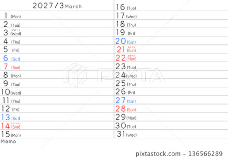 2027 Simple Calendar March Day of the Week English 2027 Simple Calendar March Day of the Week English 136566289