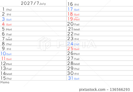 2027年簡易日曆 七月星期（英文版） 136566293