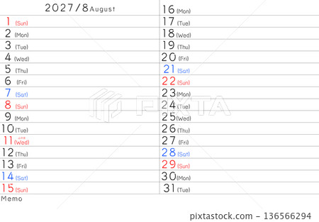 2027 Simple Calendar August Day of the Week English 2027 Simple Calendar August Day of the Week English 136566294