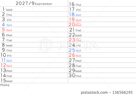 2027年簡易日曆九月星期（英文版） 136566295