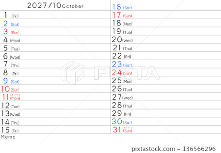 2027年簡易日曆十月號（英文版） 136566296