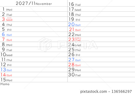 2027年簡易日曆 十一月 星期（英文） 136566297