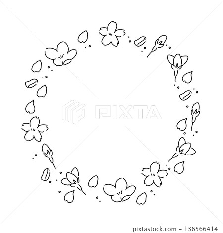 手繪線條畫櫻花圓形邊框 136566414