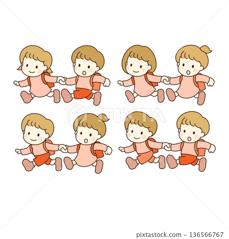 Illustration of two elementary school students walking hand in hand, good friends, going to and from school 136566767