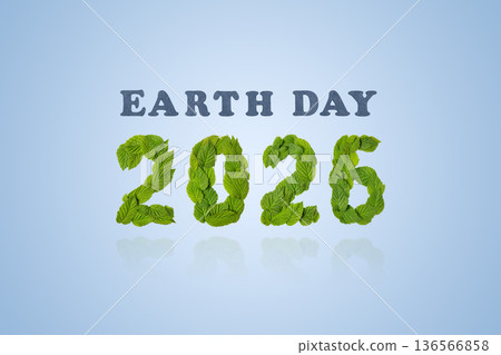 Earth day 2026 concept and green recycling. Mockup of 2026 is made of green leaf and an inscription made of wooden letters on blue background. Ecology concept. World Environment Day 136566858