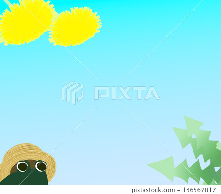 Rectangular banner material of a dandelion and a frog wearing a straw hat (light blue gradation) 136567017