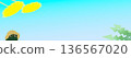 Horizontal banner material of a dandelion and a frog wearing a straw hat (light blue gradation) 136567020