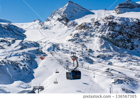 Matterhorn Glacier Paradise cable car ride across snowy forest and mountain landscape. Zermatt, Valais 136567305