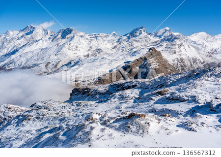 Panoramic view of the snow-capped Alps from Matterhorn Glacier Paradise. Panoramic view of the snow-capped Alps from Matterhorn Glacier Paradise. 136567312
