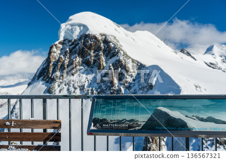 Close-up of the Breithorn peak covered with snow and glaciers in winter, Zermatt, Valais, Switzerland Close-up of the Breithorn peak covered with snow and glaciers in winter, Zermatt, Valais, Switzerland 136567321