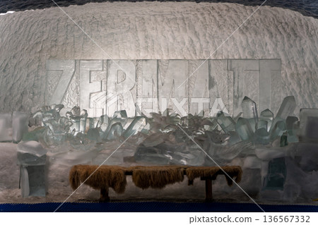 Ice tunnel and ice sculptures at the Matterhorn Glacier Paradise Ice Palace. Zermatt, Valais, Switzerland 136567332