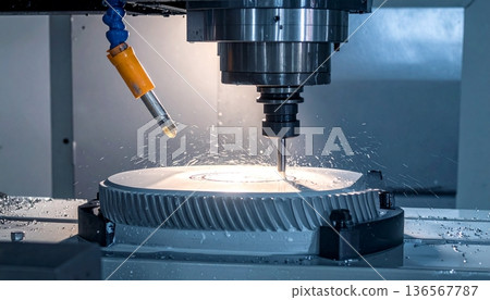 CNC milling machine processing on steel with cooling CNC milling machine processing on steel with cooling 136567787