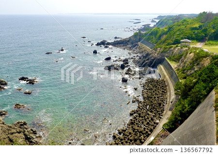 A view of the Anorizaki Park area, where the Anorizaki Lighthouse is located. The Pacific Ocean and the cliffs of Anorizaki. Ago-cho, Shima City, Mie Prefecture. A view of the Anorizaki Park area, where the Anorizaki Lighthouse is located. The Pacific Ocean and the cliffs of Anorizaki. Ago-cho, Shima City, Mie Prefecture. 136567792