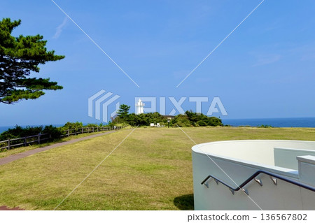 從草叢中可以看到位於阿諾裡岬公園附近的阿諾裡崎燈塔。地點：日本三重縣志摩市阿戈町。 136567802