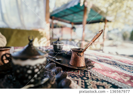 Traditional Turkish Coffee Setup on a Table 136567977