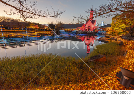 Autumn leaves and illuminations reflected on the water surface 136568003