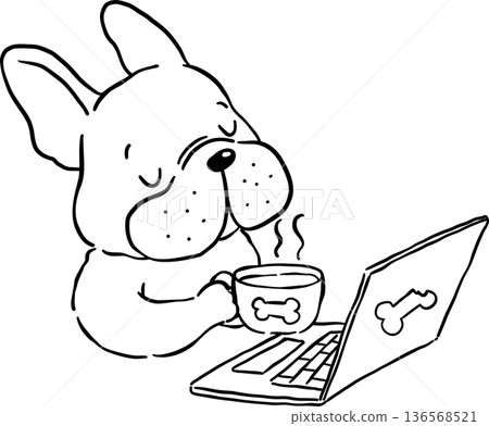 Clam french bulldog Outline enjoying coffee and laptop hand drawn frenchie derp dog 136568521