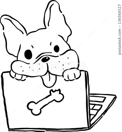 Grumpy french bulldog Tongue Out Outline on laptop hand drawn frenchie derp dog 136568527