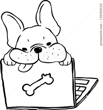 Sleepy french bulldog Tongue Out Outline on laptop hand drawn frenchie derp dog Sleepy french bulldog Tongue Out Outline on laptop hand drawn frenchie derp dog 136568529