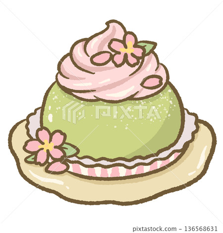 Matcha Sakura Cream Dessert Illustration Japanese Green Tea Pudding with Pink Whipped Topping Cute Spring Sweet Art Matcha Sakura Cream Dessert Illustration Japanese Green Tea Pudding with Pink Whipped Topping Cute Spring Sweet Art 136568631