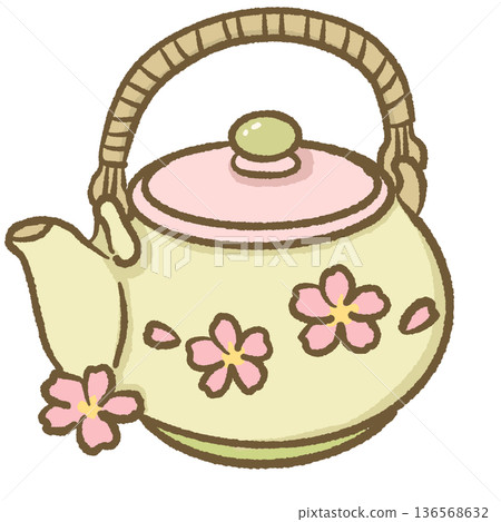 Sakura Matcha Teapot Illustration Japanese Green Tea Kettle with Cherry Blossom Pattern Cute Traditional Tea Ceremony Artwork 136568632