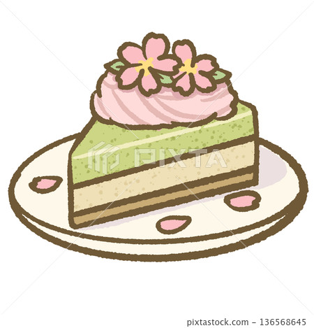 Sakura matcha cake slice on plate with pink cream floral topping soft pastel kawaii illustration for japanese dessert clipart Sakura matcha cake slice on plate with pink cream floral topping soft pastel kawaii illustration for japanese dessert clipart 136568645