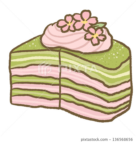 Sakura matcha layered crepe cake slice soft pastel kawaii illustration with green and pink tones for japanese dessert clipart cafe menu and sweet designs Sakura matcha layered crepe cake slice soft pastel kawaii illustration with green and pink tones for japanese dessert clipart cafe menu and sweet designs 136568656