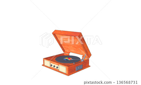 Retro wooden record player seen from an angle 136568731