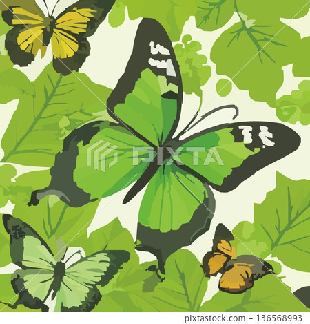 一隻體型碩大的翠綠色蝴蝶，面向右側，背景是一片綠葉。 136568993