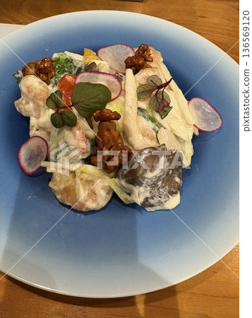 Creamy salad of colorful vegetables and shrimp Creamy salad of colorful vegetables and shrimp 136569120