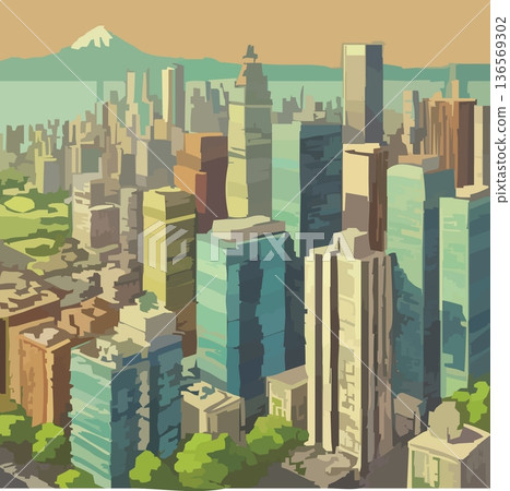 Vector illustration of many office buildings and Mt. Fuji 136569302