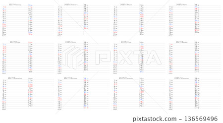 Simple 2027 yearly calendar from January to December, days of the week in Japanese Simple 2027 yearly calendar from January to December, days of the week in Japanese 136569496