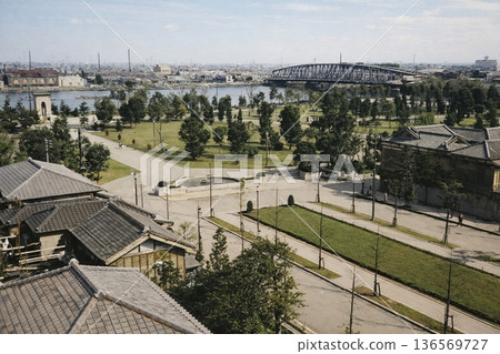 Vintage photo, 1931-1933, Hamacho Park and Shin-Ohashi Bridge in Nihonbashi, Tokyo (black and white photo colorized using AI) 136569727