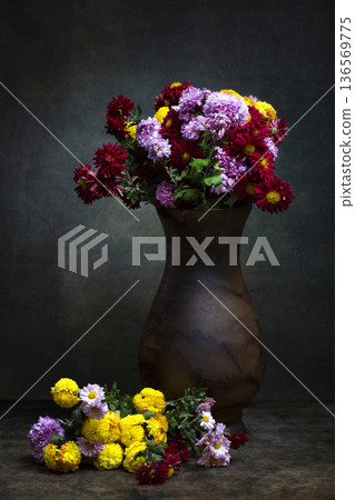 Still life with a bouquet of chrysanthemums in a vase Still life with a bouquet of chrysanthemums in a vase 136569775