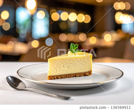 Rich New York cheesecake with mint served in a luxury hotel lounge Rich New York cheesecake with mint served in a luxury hotel lounge 136569911