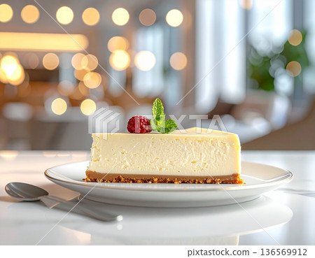 Rich New York cheesecake with mint served in a luxury hotel lounge Rich New York cheesecake with mint served in a luxury hotel lounge 136569912