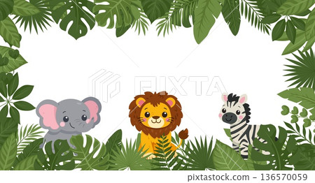 Cute safari animals border. Lion, elephant, zebra in tropical jungle frame vector illustration Cute safari animals border. Lion, elephant, zebra in tropical jungle frame vector illustration 136570059